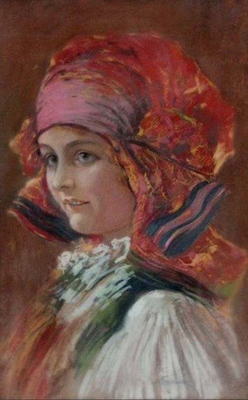 Kamil Vlasdislav Muttich (1873-1924) - Portrait of girl in, Antiek en Kunst
