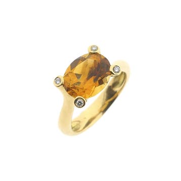 Gouden solitairring met citrien en diamant; 0,08 ct., 18 tot 19, Gebruikt, Ophalen of Verzenden, Met edelsteen
