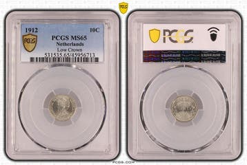 Koningin Wilhelmina 10 cent 1912 lage kroon PCGS MS65, Verzenden, Zilver, 10 cent, Koningin Wilhelmina