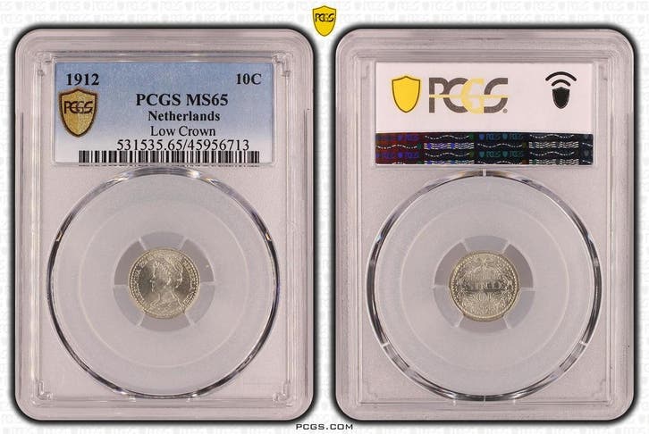 Koningin Wilhelmina 10 cent 1912 lage kroon PCGS MS65, Postzegels en Munten, Munten | Nederland, Losse munt, 10 cent, Koningin Wilhelmina