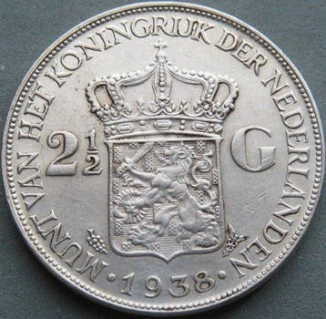 Nederland. Wilhelmina. 2 1/2 Gulden 1938b Grof Haar (Zonder, Postzegels en Munten, Munten | Nederland