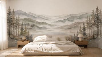 Landschap behang – mistige bergen en een stil meer, Huis en Inrichting, Grijs, Natuurlijk, Overige merken, Ophalen of Verzenden