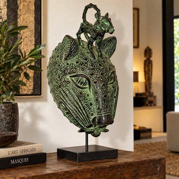 Masque léopard en bronze à patine verte - sculptuur -, Antiek en Kunst
