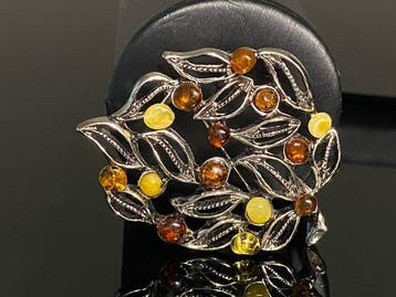 Unieke amberbroche - Een gesculpteerd botanisch meesterwerk
