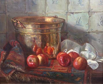 Piet Moleveld (1919-1976) - Stilleven met fruit en koperen