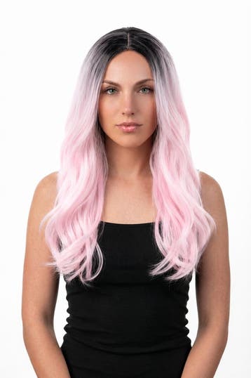 KIMU® Luxe Lange Lichtroze Pruik Roze Ombre Zwarte Uitgroei, Ophalen of Verzenden, Nieuw, Carnaval
