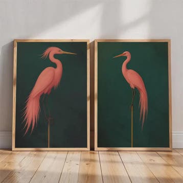 Japandi Poster Set: Roze Japanse Kraanvogels & Blauwe Reiger