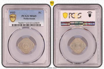 Koningin Wilhelmina 5 cent 1932 MS65 PCGS gecertificeerd, Postzegels en Munten, Verzenden, Koningin Wilhelmina, 5 cent, Losse munt