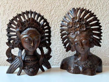 Set intricate traditional hand-carved Balinese dancer busts