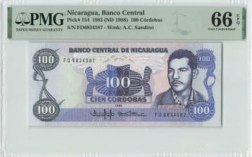 1985 Nicaragua 100 Cordobas Pick 154 Pmg Gem Unc 66 Epq, Verzenden