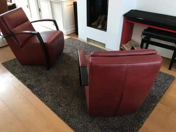 Set van 2 rode leren fauteuils met stalen frame, Huis en Inrichting, Fauteuils, Ophalen of Verzenden, Nieuw, Leer