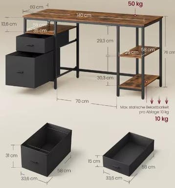 Bureau met 2 lades en planken – ruime computertafel, Verzenden, Nieuw