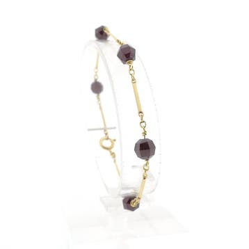 Gouden staafjes schakelarmband met granaat, Gebruikt, Ophalen of Verzenden, Met edelsteen, Goud