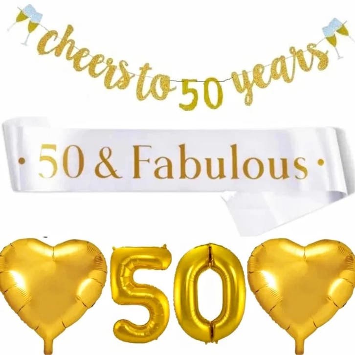 50 & Fabulous set goud met wit XL, Hobby en Vrije tijd, Feestartikelen, Abraham of Sarah, Nieuw, Versiering, Verzenden