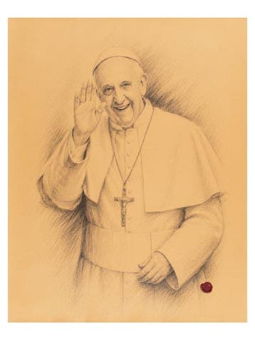 Paus Franciscus – Groet van Hoop / Druk op leer 84,50 x