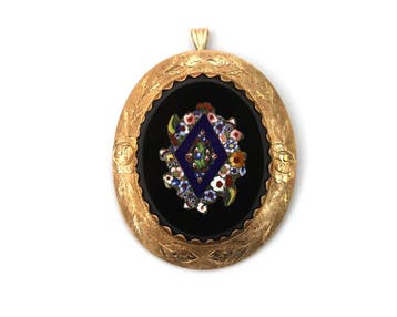 14 krt. geelgouden hanger/broche met onyx en micromozaïek, Sieraden, Tassen en Uiterlijk, Broches, Gebruikt