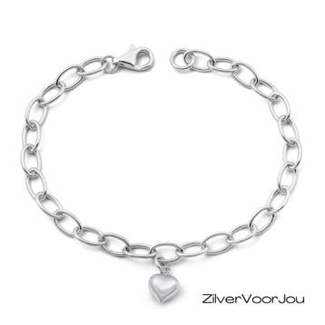 Zilveren ovale schakelarmband met hart hanger, Verzenden, Nieuw, Zilver