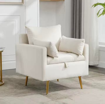 Fluwelen Fauteuil – Opbergruimte - Gouden Poten + Kussens, Huis en Inrichting, Stoelen, Verzenden, Wit, Nieuw, Stof