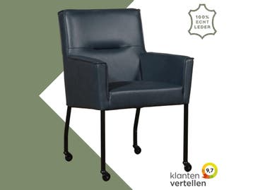 Leren eetkamerstoel met wieltjes en armleuning Lucky -, Bohemian, Industrieel, Modern, Scandinavisch, Blauw, Nieuw, Leer