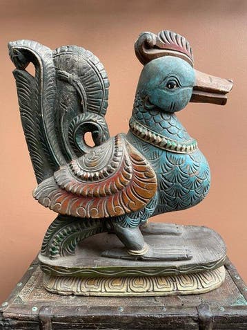 Polychroom handgesneden Zuid-Indische Hamsa / Annapakshi, Antiek en Kunst