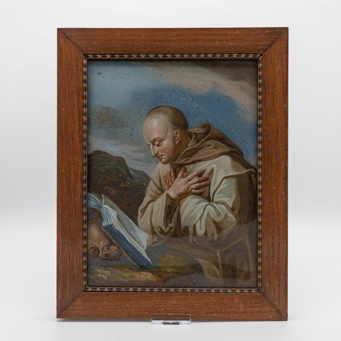 Schilderij achter glas. Heilige Bruno circa 1870 - Glas -, Antiek en Kunst, Kunst | Niet-Westerse kunst