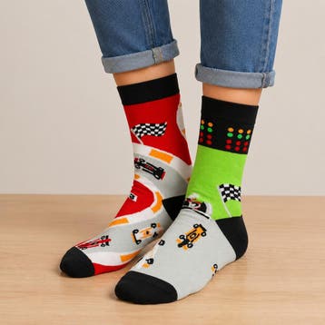 Sokken Katoen – Formule 1 Race Auto Print – Zwart Rood Blauw, Nieuw