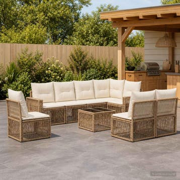 vidaXL Tuinbankenset 9 pcs Beige en Crème Wit poly rattan, Verzenden, Nieuw, Meer dan 8 zitplaatsen
