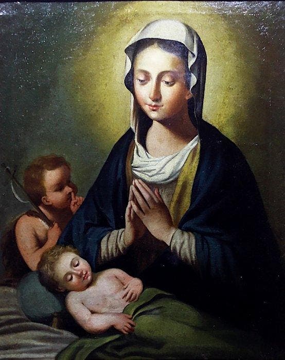 Scuola italiana (XVIII-XIX) - Madonna col Bambino e San, Antiek en Kunst, Kunst | Schilderijen | Klassiek