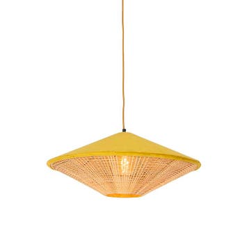 Landelijke hanglamp geel velours met rotan 60cm - Frills Can, Huis en Inrichting, Lampen | Hanglampen, Verzenden, Nieuw, Country-rustic