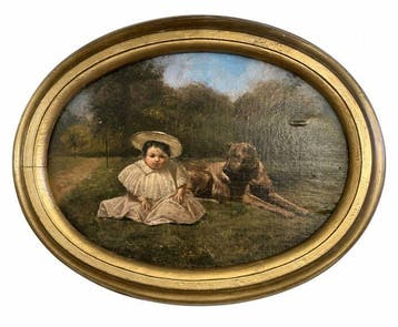 Britse school (XIX) - Bambina con cane e paesaggio