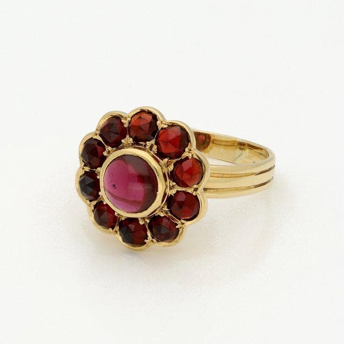 Ring - 18 karaat Geel goud - Granaat, Sieraden, Tassen en Uiterlijk, Ringen