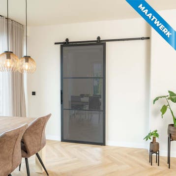 Stalen Schuifdeur - Zwart - 3 Vlaks - Maatwerk - Rook glas, Nieuw, Metaal, Inclusief glas