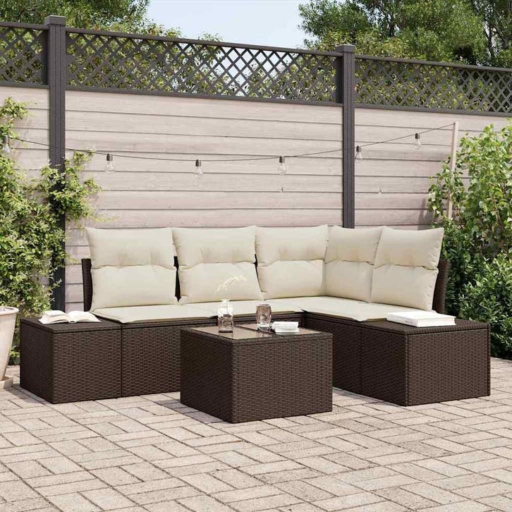 vidaXL Tuinbankenset met opslag Bruin en Crème poly rattan, Tuin en Terras, Tuinsets en Loungesets, Nieuw, 4 zitplaatsen, Rotan