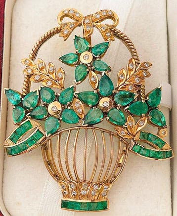 Broche - 18 karaat Geel goud Smaragd - Diamant