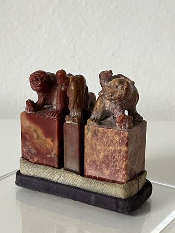 Chinees stenen zegel met Boeddhistische leeuwen - Steen -