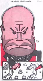 Spotprent met het GROTE HOOFD-kwartier van Mussolini, Verzenden