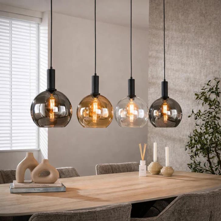 Hanglamp Zwart met 4 kleuren glas  –  Langwerpig - Janneke, Huis en Inrichting, Lampen | Hanglampen, Nieuw, Glas, Metaal, Verzenden