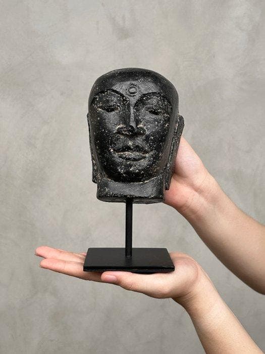 Beeld, NO RESERVE PRICE - Lavastone Budha Head on a custom, Antiek en Kunst, Kunst | Designobjecten