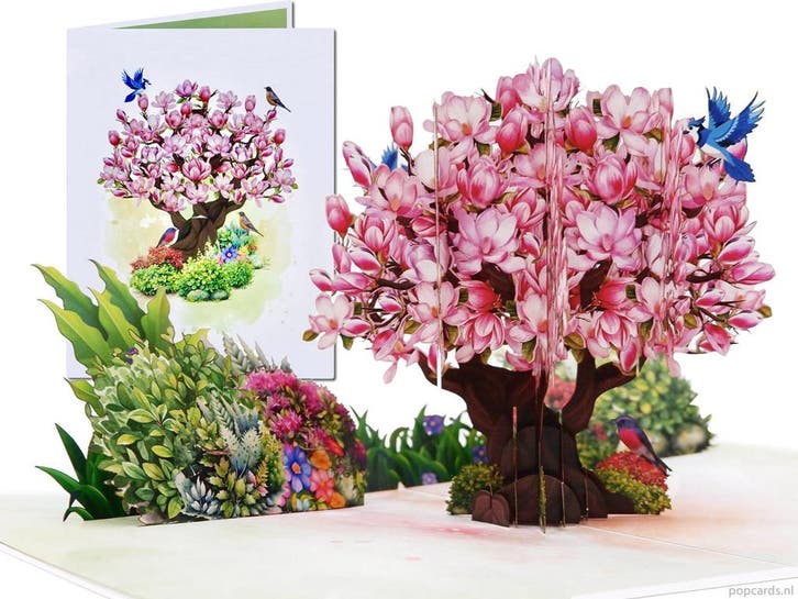 Luxe pop-up kaart met Bloeiende Magnolia Boom Wenskaart, Diversen, Wenskaarten, Verzenden