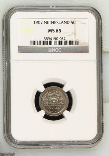 Koningin Wilhelmina 5 cent 1907 MS65 NGC gecertificeerd, Verzenden, Koningin Wilhelmina, 5 cent, Losse munt
