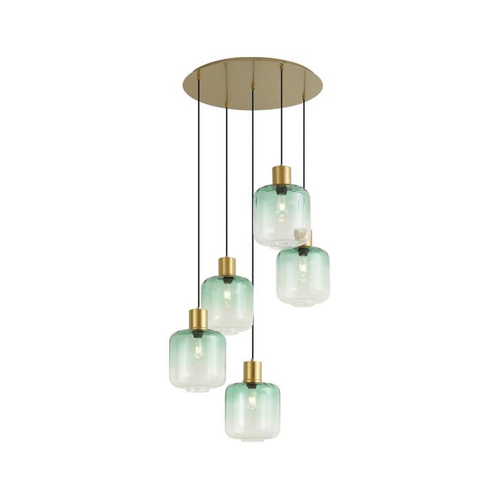 Hotel Chique hanglamp messing met blauw en groen glas, Huis en Inrichting, Lampen | Hanglampen, Nieuw, Verzenden