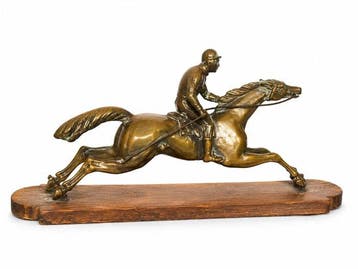 Figuur - Jockey et cheval au galop - 17 cm - Brons, Hout