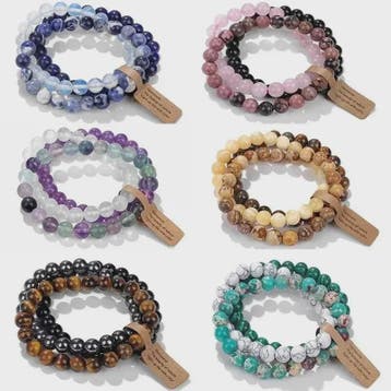 Natuursteen Kristal Kralen Armbanden Set - Amethist & Multi-, Sieraden, Tassen en Uiterlijk, Verzenden, Nieuw