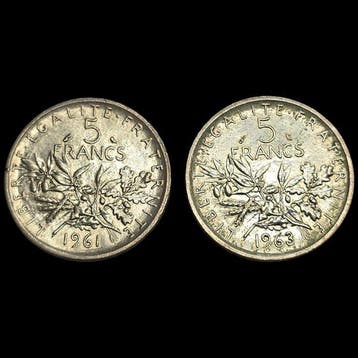 Frankrijk. 5 Francs 1961 y 1963 (2 monedas) (Zonder, Postzegels en Munten