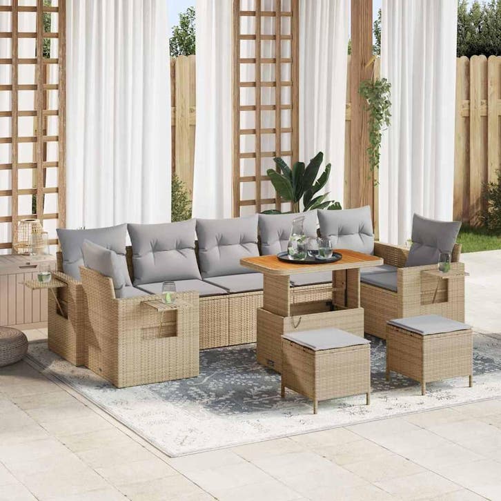 vidaXL Tuin Sofa Set met kussen 10 pcs Beige poly rattan, Tuin en Terras, Tuinsets en Loungesets, Nieuw, Meer dan 8 zitplaatsen