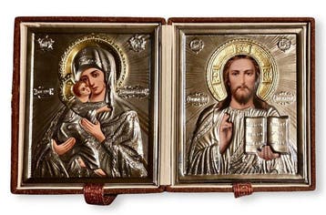 Reis-icoon - Christus Pantokrator, Moeder Gods - Metaal,