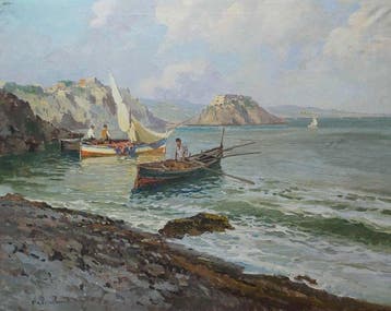 Lazzaro Pasini (1861-1949) - Veduta costiera con pescatori, Antiek en Kunst