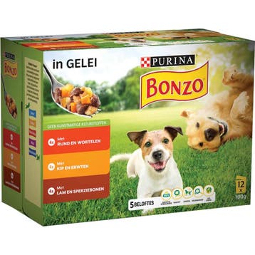 Purina Bonzo met rund, kip, lam in gelei maaltijdzakjes n..., Verzenden, Hond