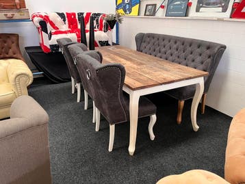 Super Mooie Grote Eethoek met grijs Leren Bank en 3 Stoelen, Ophalen, Gebruikt