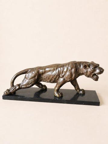 Snijwerk, Grande panthère en bronze patiné sur socle en, Antiek en Kunst